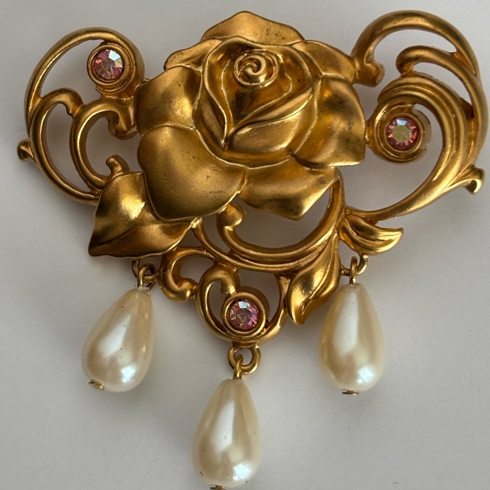 Avon Rose Brooch Pearl Dangle Vintage Statement Pin